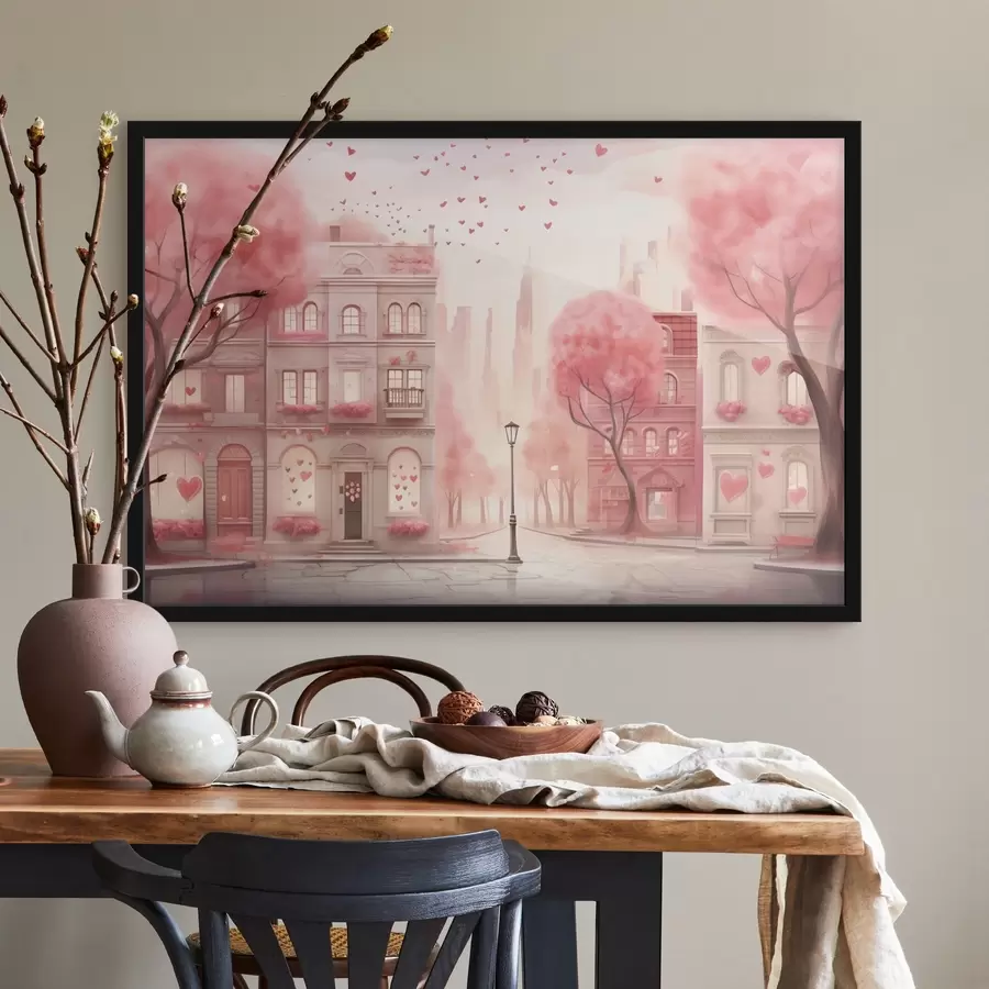 murales de pared Romántica calle rosa con corazones f43324