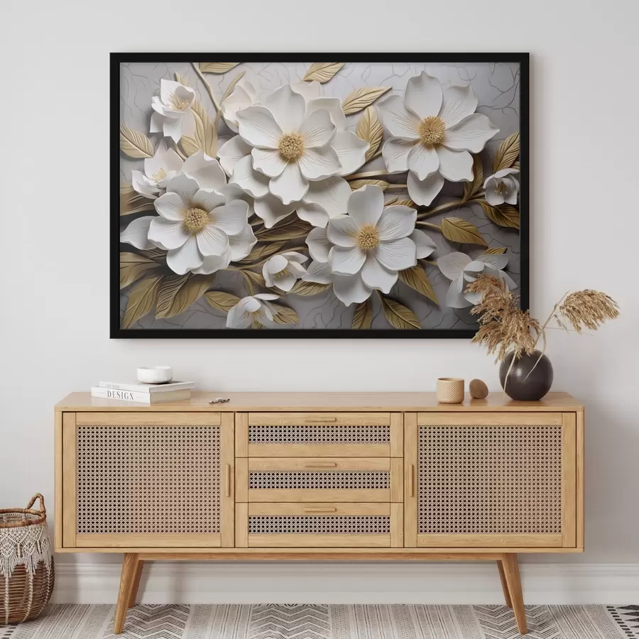 murales de pared Flores blancas al estilo de un fresco en relieve con hojas y estambres amarillos f43330