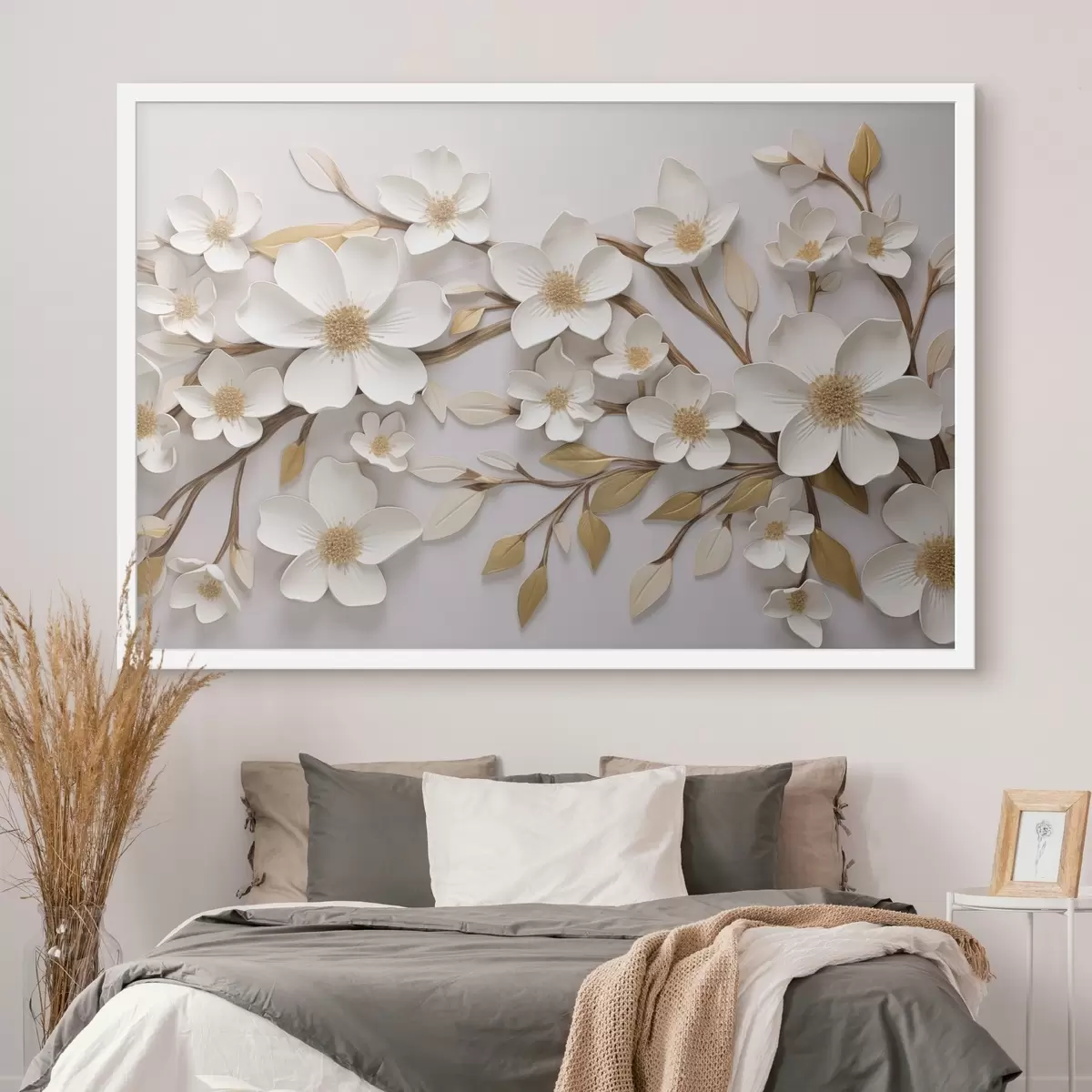 Poster Flores blancas al estilo de un fresco en relieve con toques amarillos f43331