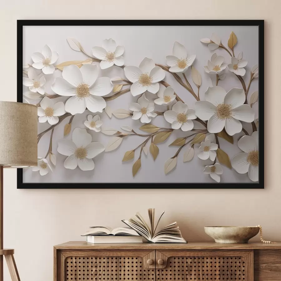 murales de pared Flores blancas al estilo de un fresco en relieve con toques amarillos f43331