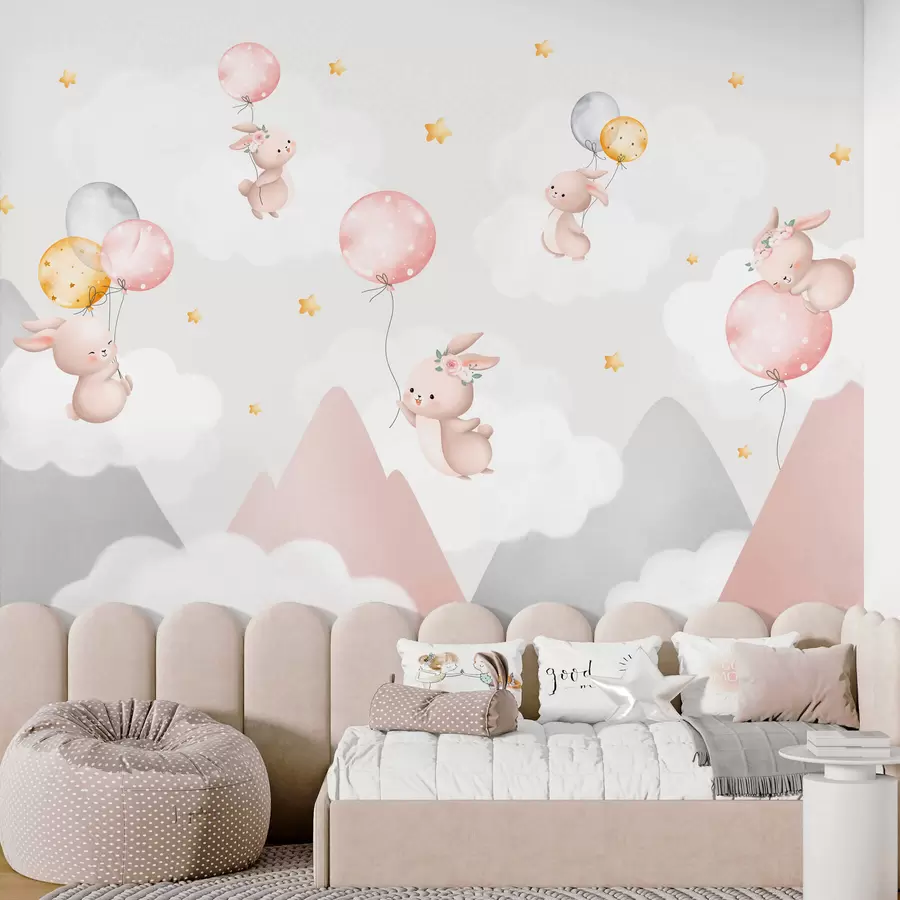 murales de pared Conejitos con globos sobre nubes entre picos montañosos w03375
