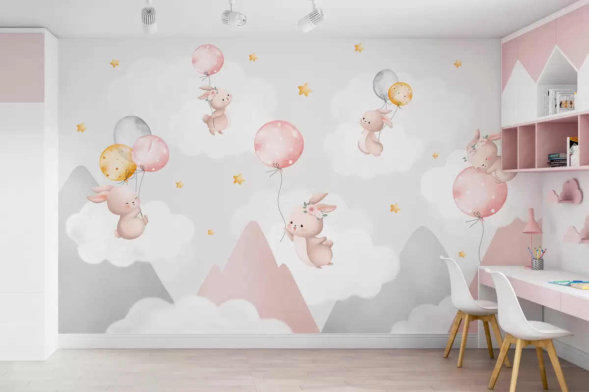 murales de pared Conejitos con globos sobre nubes entre picos montañosos w03375