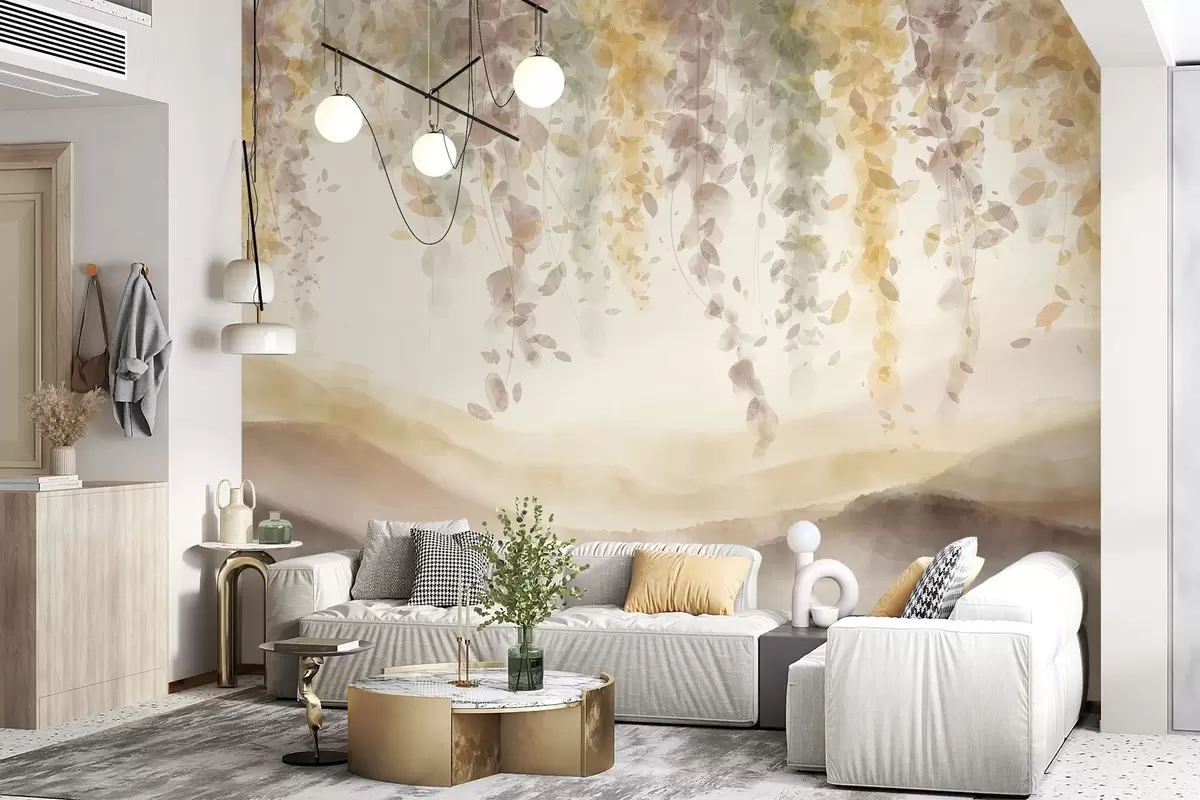 murales de pared Hojas de glicina colgando sobre montañas azuladas, suaves colores pastel amarillos y marrones, paisaje estilo acuarela w08909v1