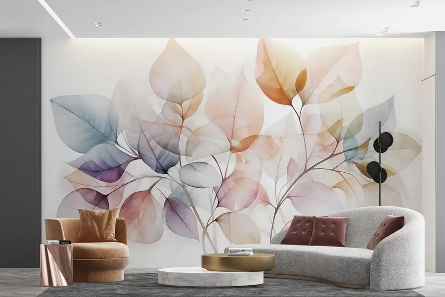 murales de pared Pintura en acuarela de hojas translúcidas en colores pastel, con tonos rosas, blancos, morados y azules w08910