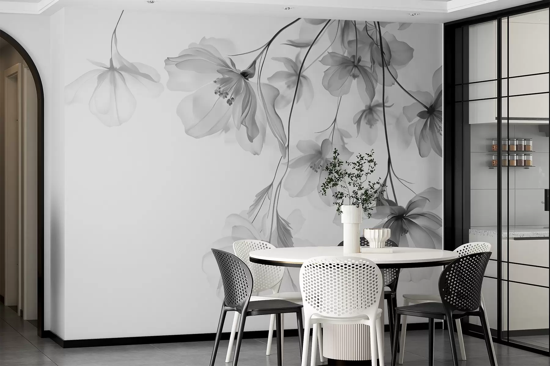 murales de pared Flores negras con pétalos translúcidos colgando de una rama, blanco y negro, composición minimalista de arte moderno w08911