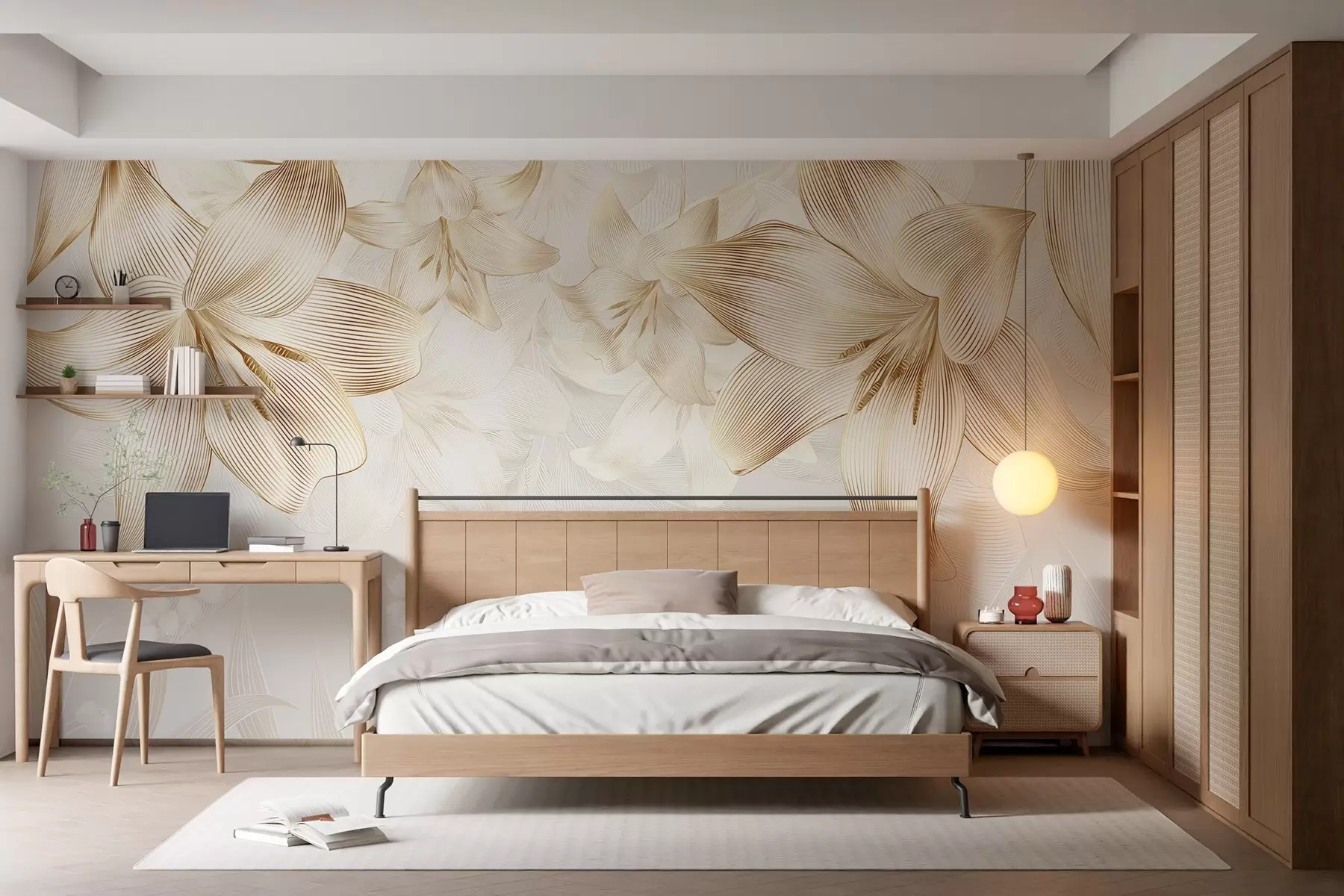 murales de pared Lirios amarillos con intrincados detalles de líneas, elegante arreglo floral, paleta de colores neutros w08912