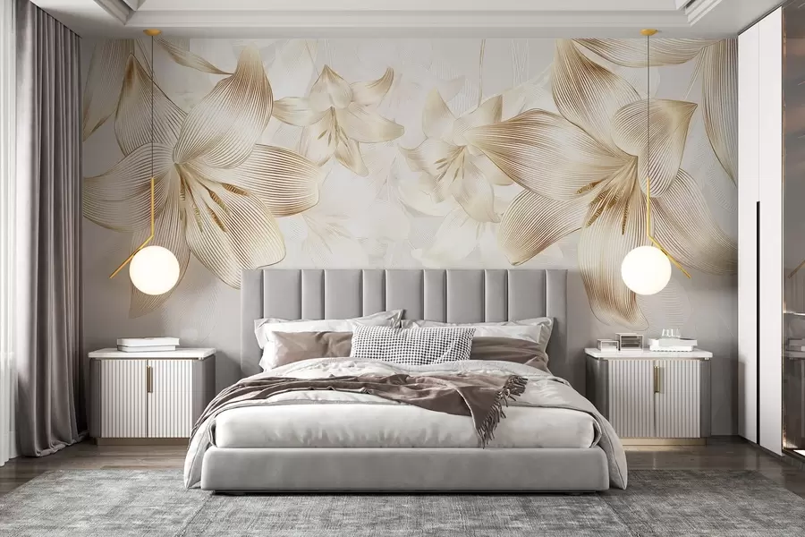 murales de pared Lirios amarillos con intrincados detalles de líneas, elegante arreglo floral, paleta de colores neutros w08912