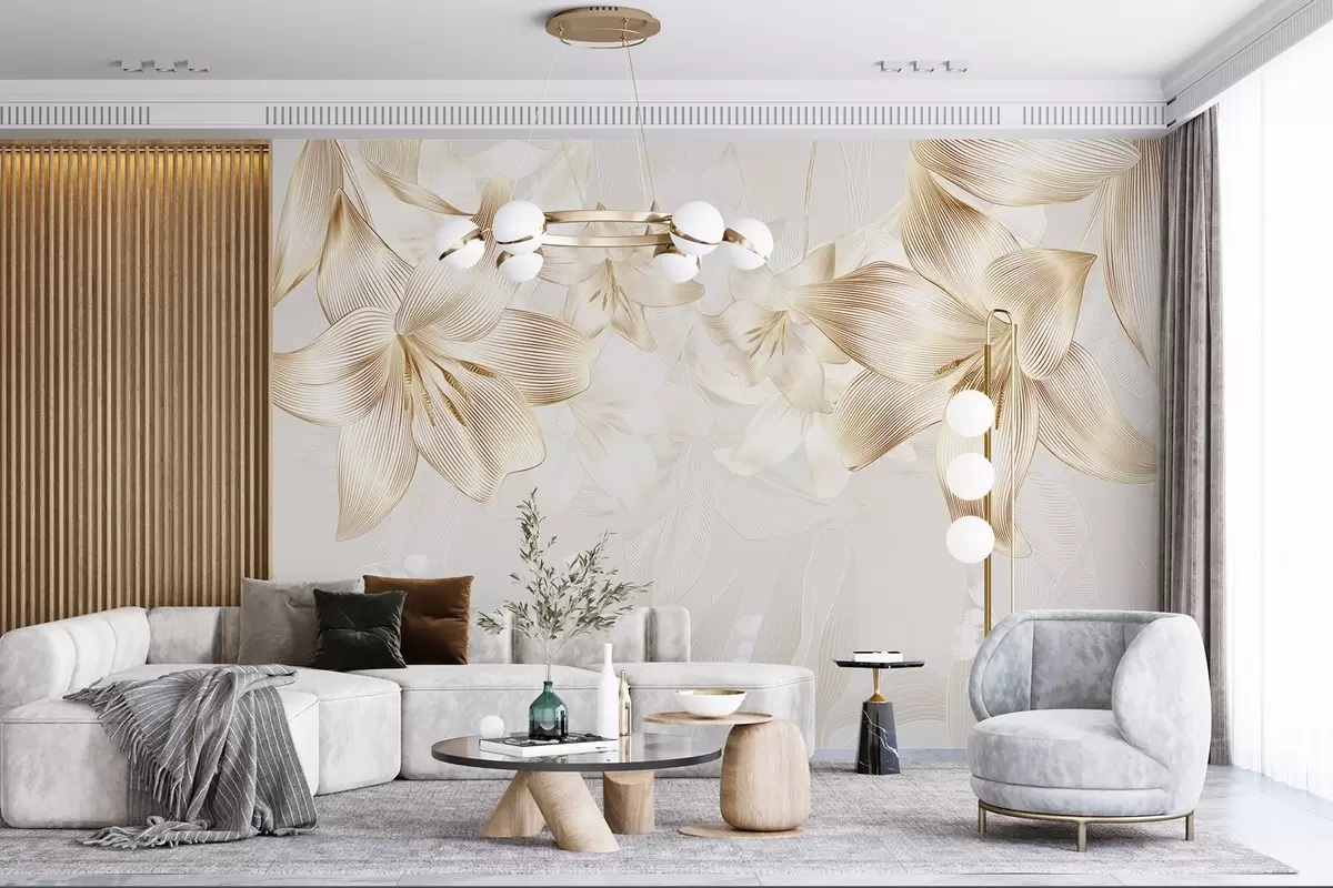 murales de pared Lirios amarillos con intrincados detalles de líneas, elegante arreglo floral, paleta de colores neutros w08912