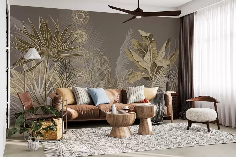 murales de pared Hojas tropicales en tonos beige y marrón, hojas de palmera, hojas de plátano y adornos de mandala, fondo oscuro w08913v1