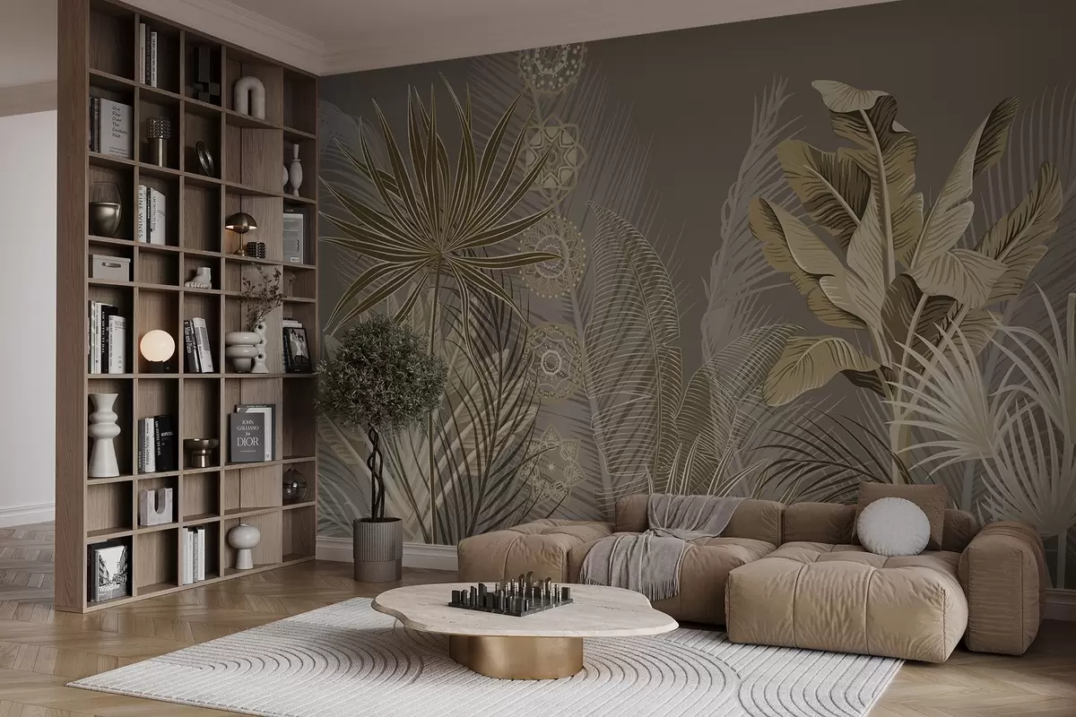 murales de pared Hojas tropicales en tonos beige y marrón, hojas de palmera, hojas de plátano y adornos de mandala, fondo oscuro w08913v1