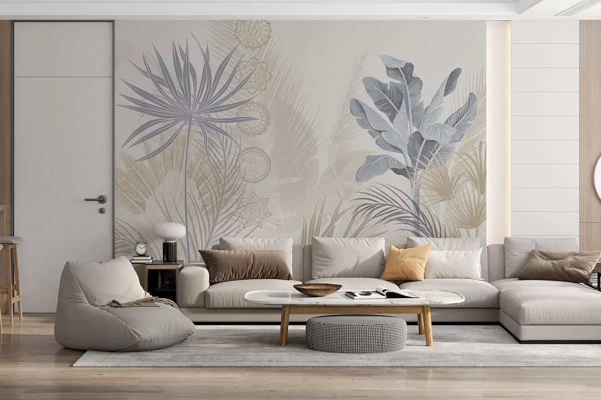 murales de pared Hojas tropicales en tonos azules y beige, hojas de palmera, hojas de plátano y adornos de mandala, fondo claro w08913v2