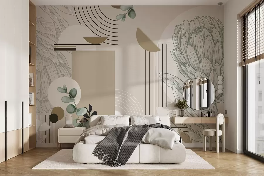 murales de pared Estampado botánico abstracto con flor de protea, hojas de eucalipto, formas geométricas en estilo minimalista, colores pastel w08914