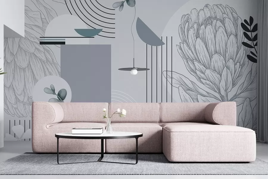 murales de pared Estampado botánico abstracto con flor de protea, hojas de eucalipto, formas geométricas en estilo minimalista, colores pastel w08914v1