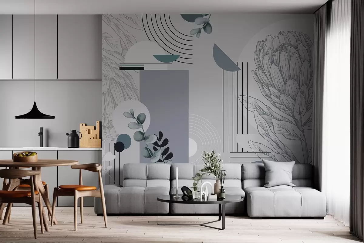 murales de pared Estampado botánico abstracto con flor de protea, hojas de eucalipto, formas geométricas en estilo minimalista, colores pastel w08914v1