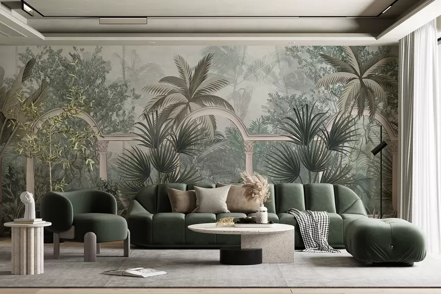 murales de pared Jardín de textura tropical con palmeras y exuberante vegetación, balaustrada con arcos, colores apagados, estilo vintage w08916