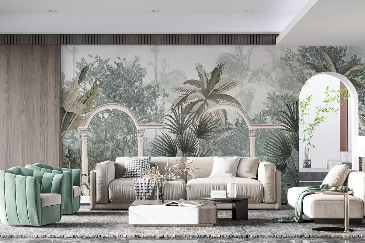 murales de pared Jardín de textura tropical con palmeras y exuberante vegetación, balaustrada con arcos, colores apagados, estilo vintage w08916