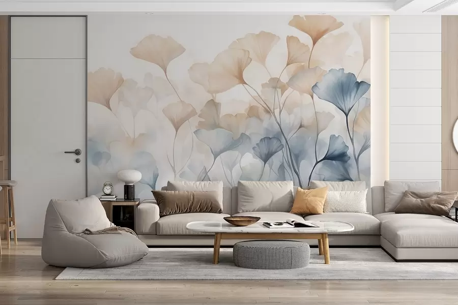 murales de pared Hojas de ginkgo en acuarela azul y naranja, pétalos translúcidos, tallos delicados, paleta de colores suaves w08917