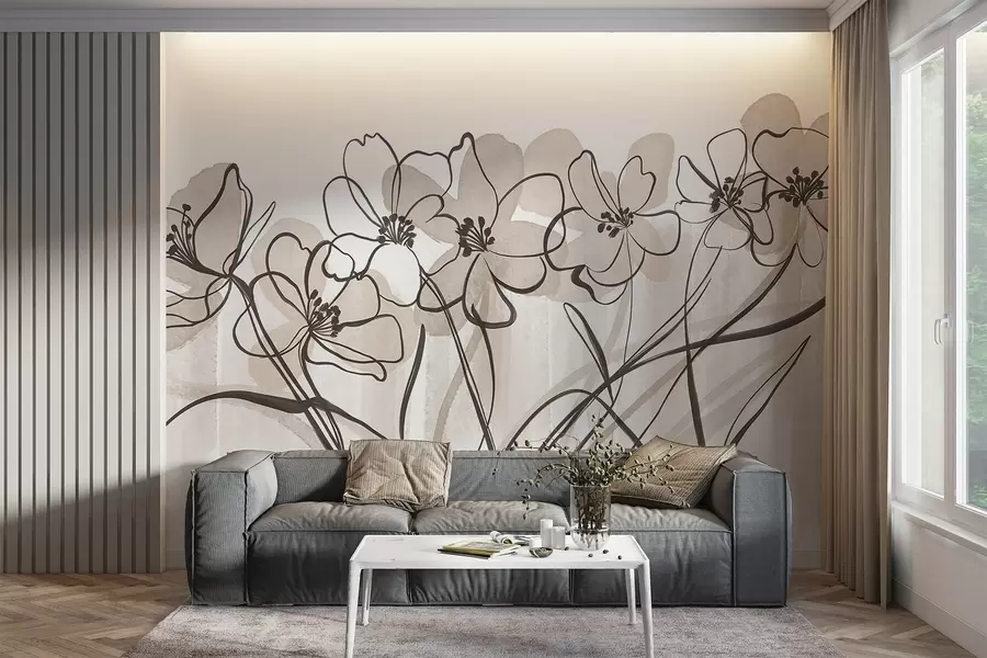 murales de pared Flores minimalistas line-art con pétalos beige y marrones, tallos largos, fondo beige claro w08918