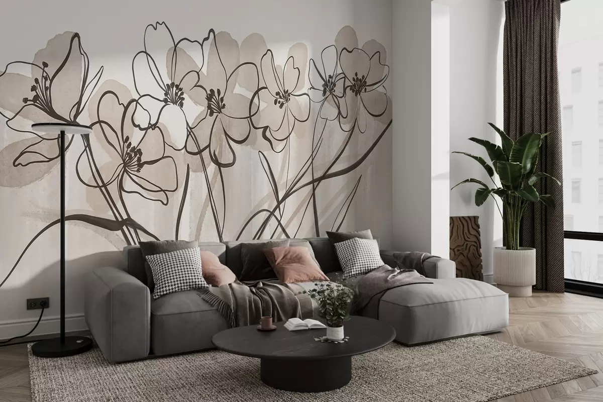 murales de pared Flores minimalistas line-art con pétalos beige y marrones, tallos largos, fondo beige claro w08918