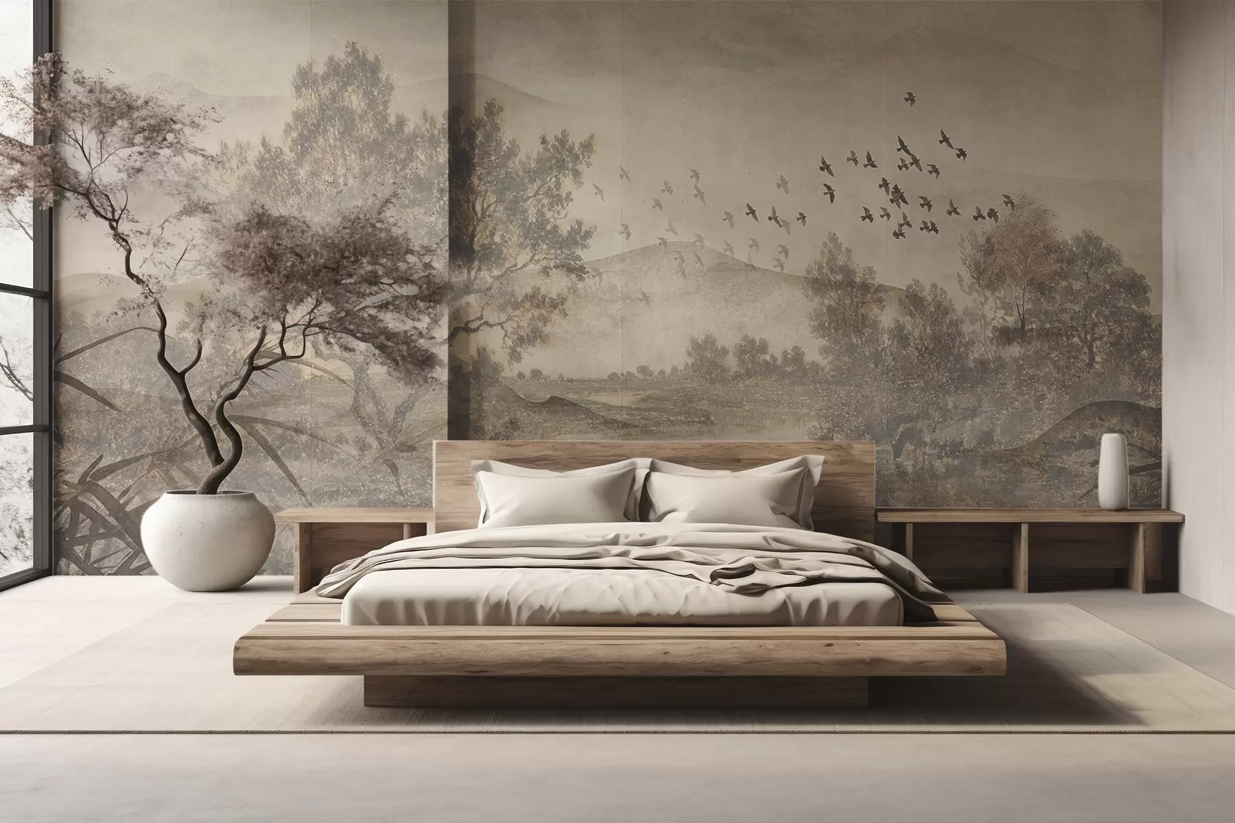 murales de pared Paisaje vintage texturizado con un árbol cerca de un río y un cielo nublado, arte de la naturaleza en tonos sepia w08920