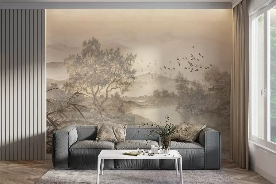 murales de pared Paisaje vintage texturizado con un árbol cerca de un río y un cielo nublado, arte de la naturaleza en tonos sepia w08920