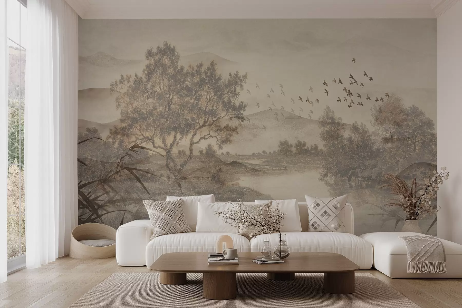 murales de pared Paisaje vintage texturizado con un árbol cerca de un río y un cielo nublado, arte de la naturaleza en tonos sepia w08920