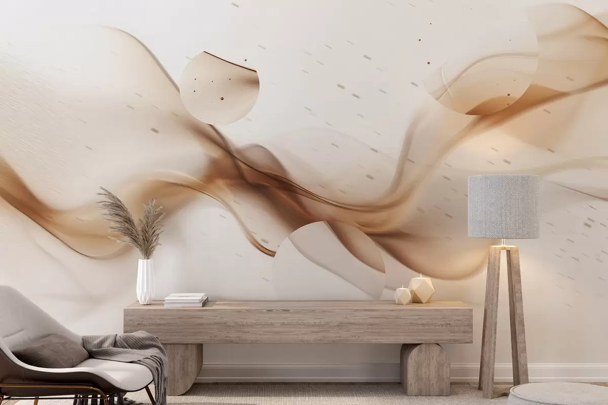 murales de pared Abstracción de ondas geométricas, estilo borroso, degradado, colores beige w03404