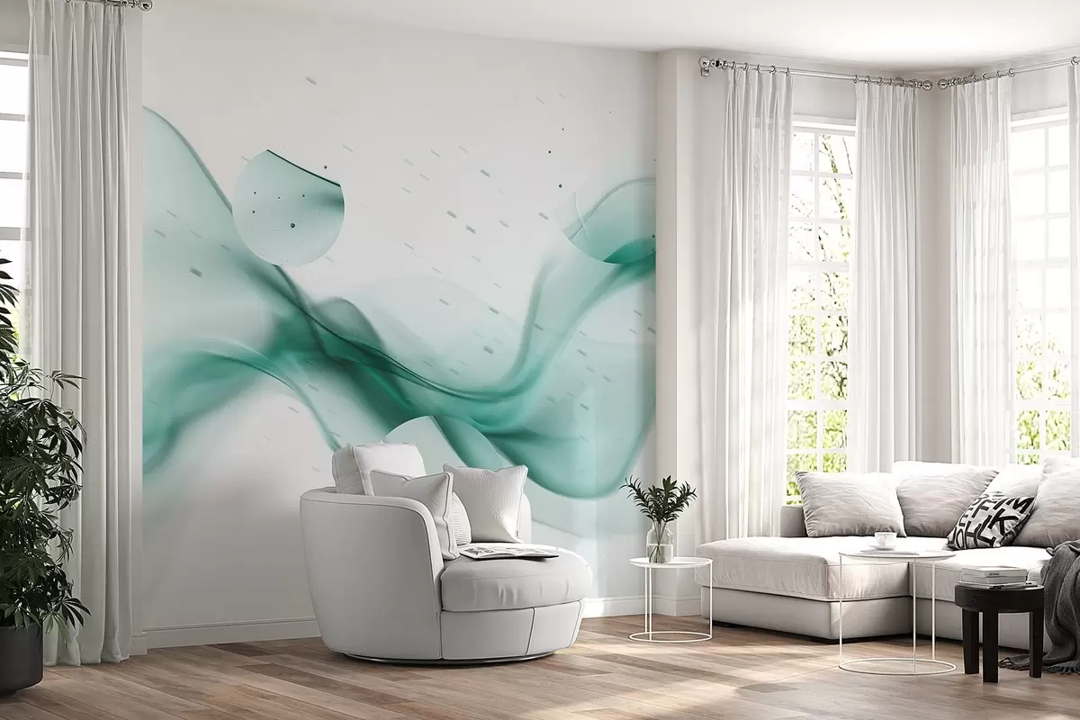 murales de pared Abstracción de ondas geométricas, estilo borroso, degradado, colores aguamarina w03404v2