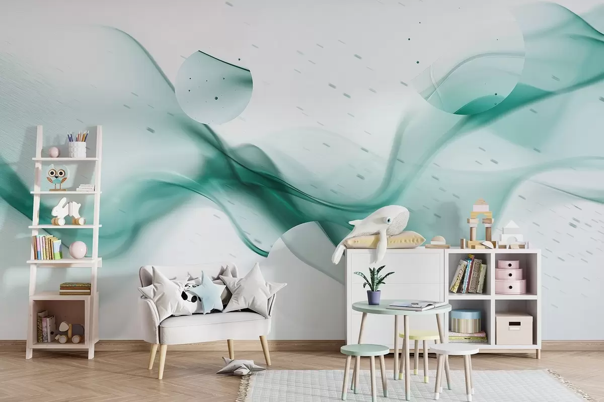 murales de pared Abstracción de ondas geométricas, estilo borroso, degradado, colores aguamarina w03404v2