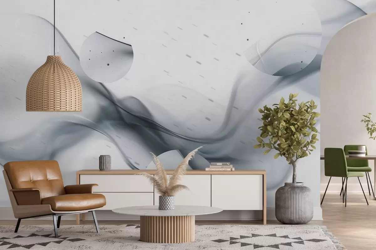 murales de pared Abstracción de ondas geométricas, estilo borroso, degradado, colores grises w03404v3