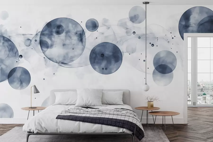 murales de pared Círculos estilo acuarela, abstracción, etéreo, arte fluido, colores grises w03405