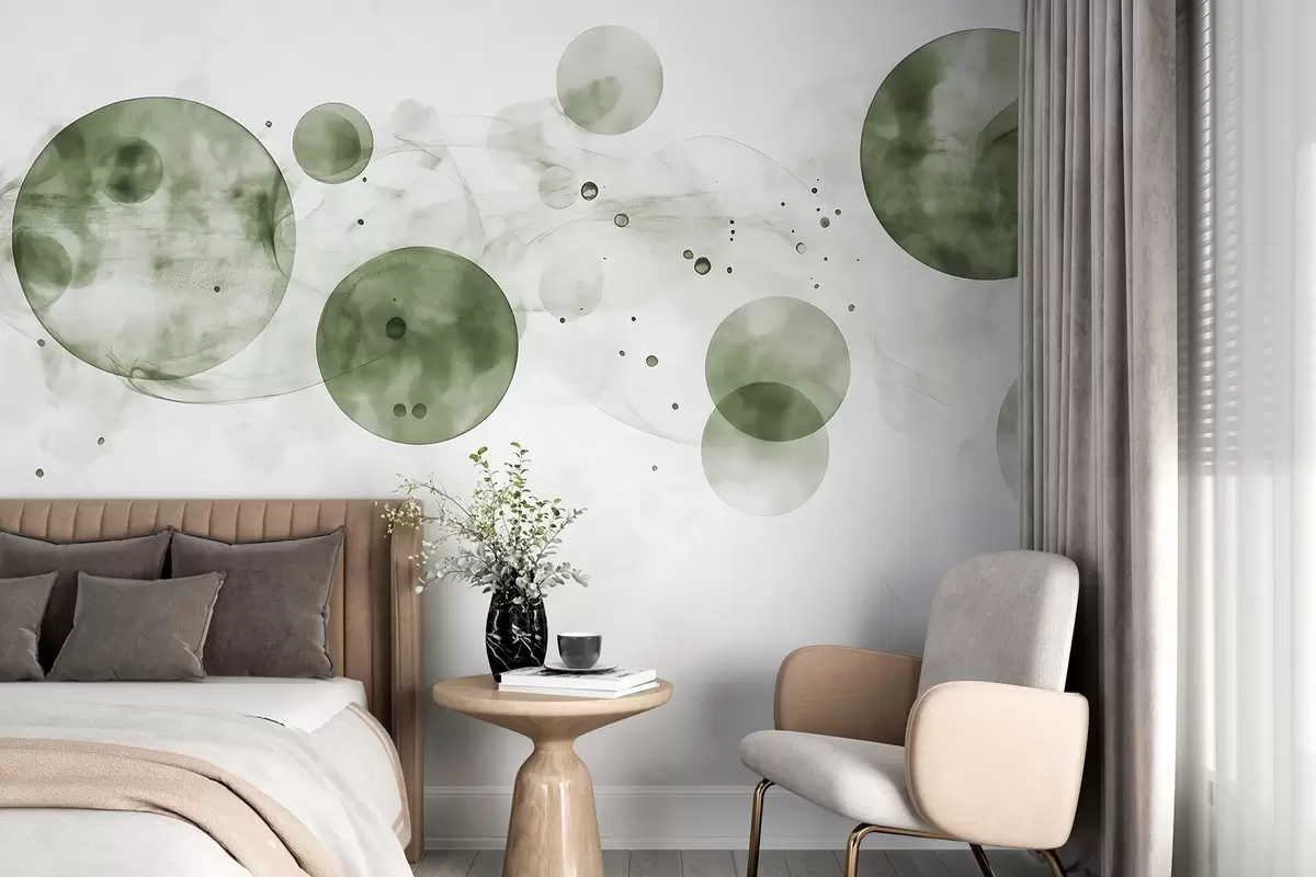 murales de pared Círculos estilo acuarela, abstracción, etéreo, arte fluido, colores verdes w03405v1
