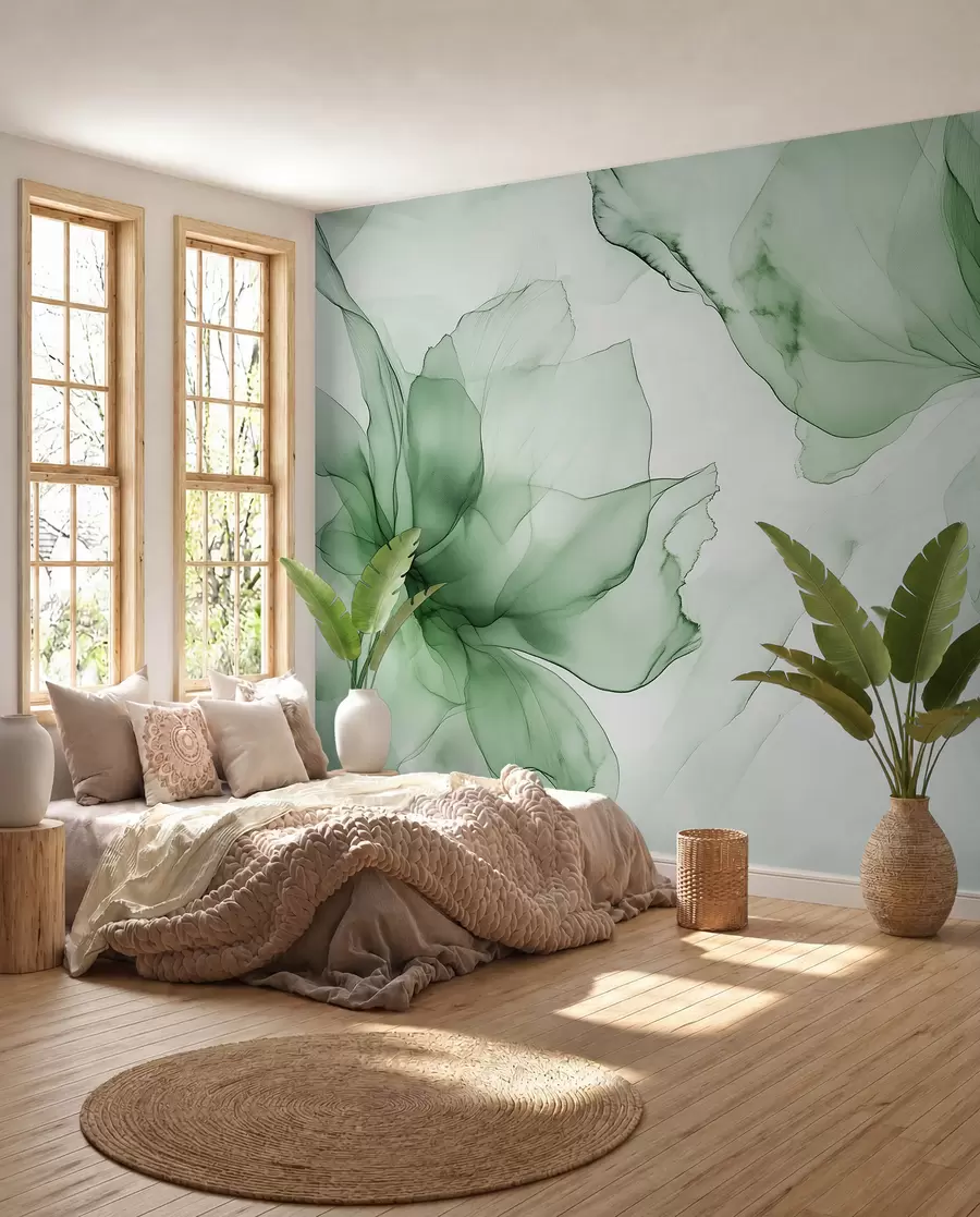 murales de pared Flores de estilo fluido, abstracción floral, acuarela, paleta de colores verdes  w03406