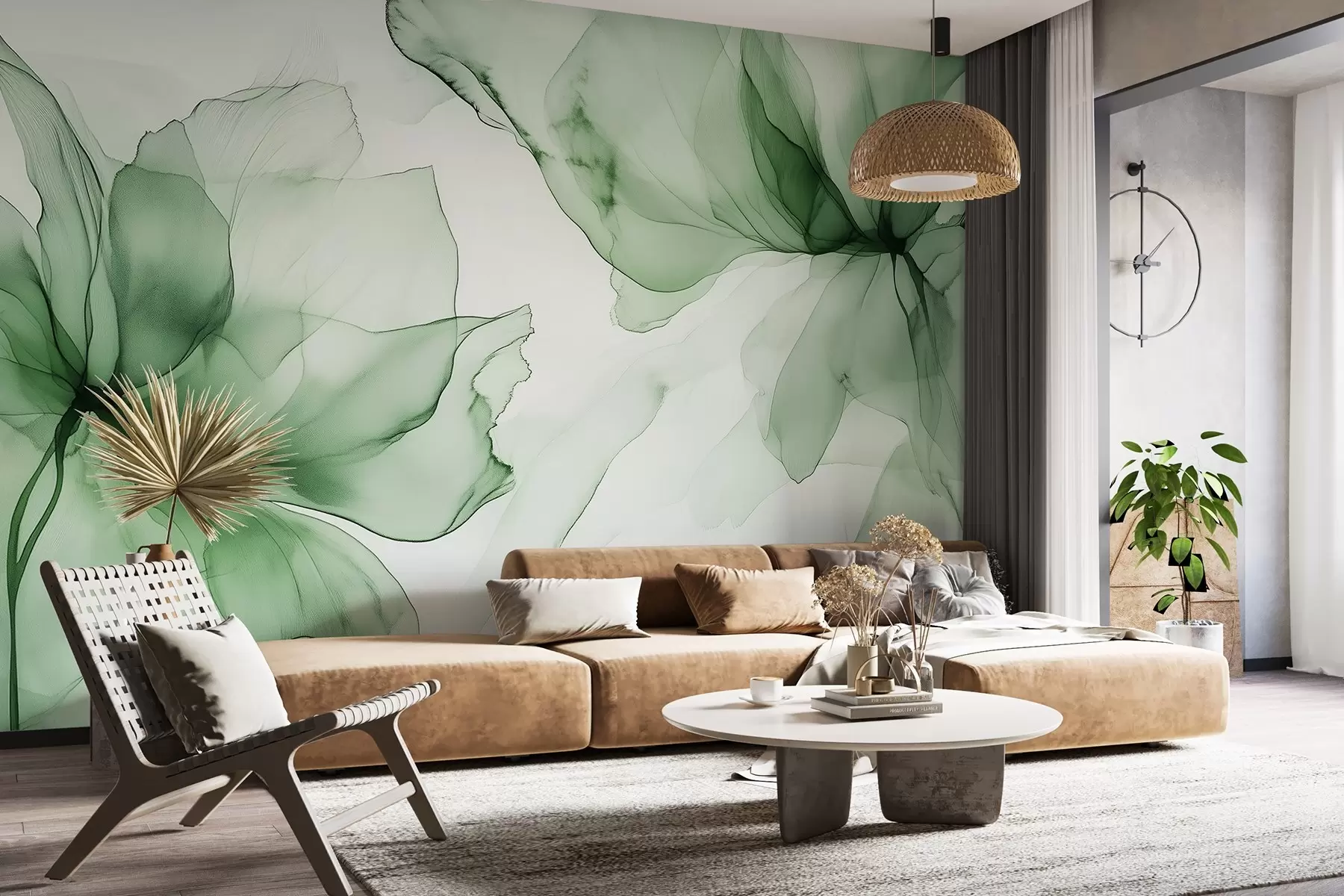 murales de pared Flores de estilo fluido, abstracción floral, acuarela, paleta de colores verdes  w03406