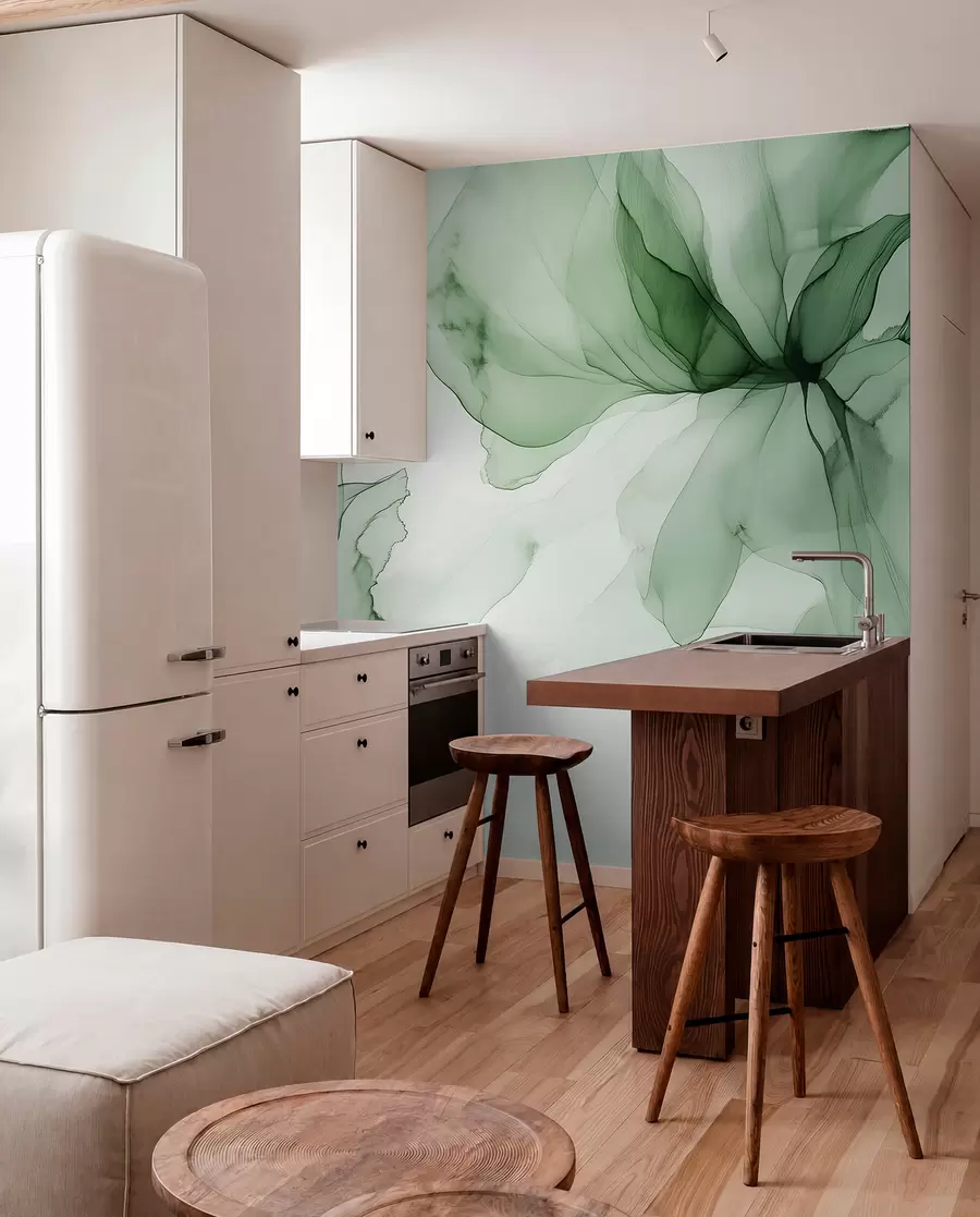 murales de pared Flores de estilo fluido, abstracción floral, acuarela, paleta de colores verdes  w03406