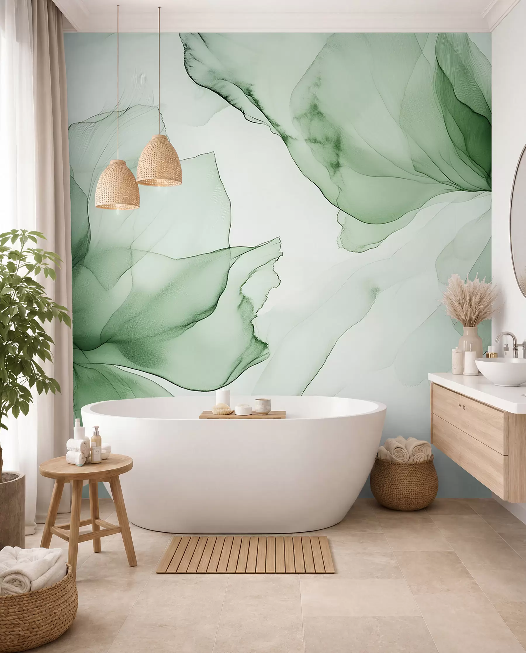 murales de pared Flores de estilo fluido, abstracción floral, acuarela, paleta de colores verdes  w03406