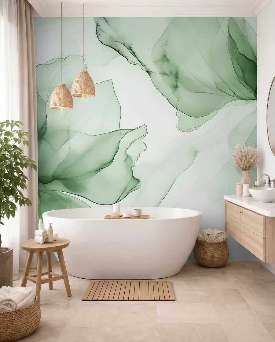 murales de pared Flores de estilo fluido, abstracción floral, acuarela, paleta de colores verdes  w03406