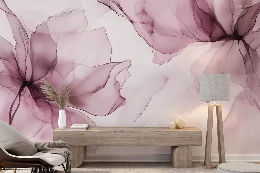 murales de pared Flores de estilo fluido, abstracción floral, acuarela, paleta de colores rosa  w03406v1
