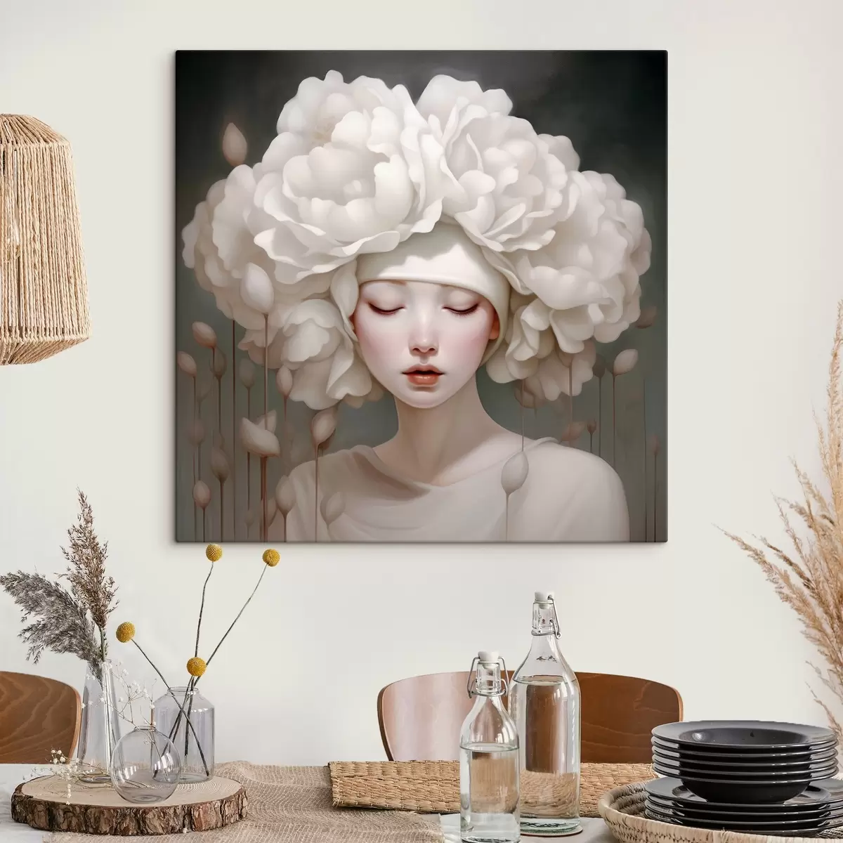 murales de pared Niña con flores en la cabeza en tonos suaves s43385