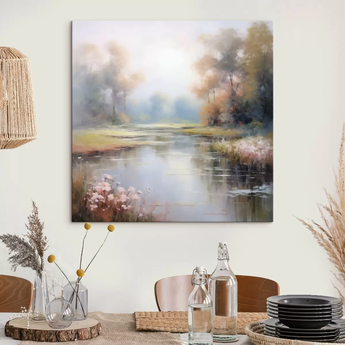 murales de pared Naturaleza forestal con un río, flores y árboles s43386