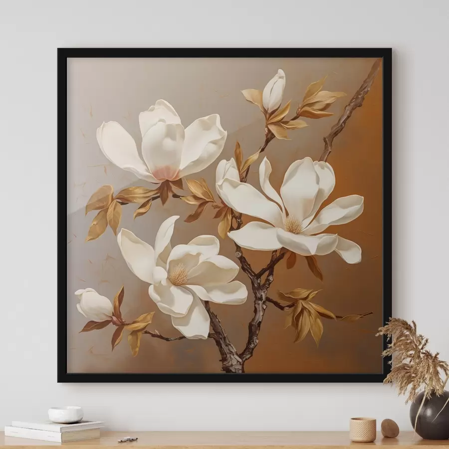 murales de pared Pintura al óleo con una magnolia blanca en una rama sobre fondo amarillo f43361
