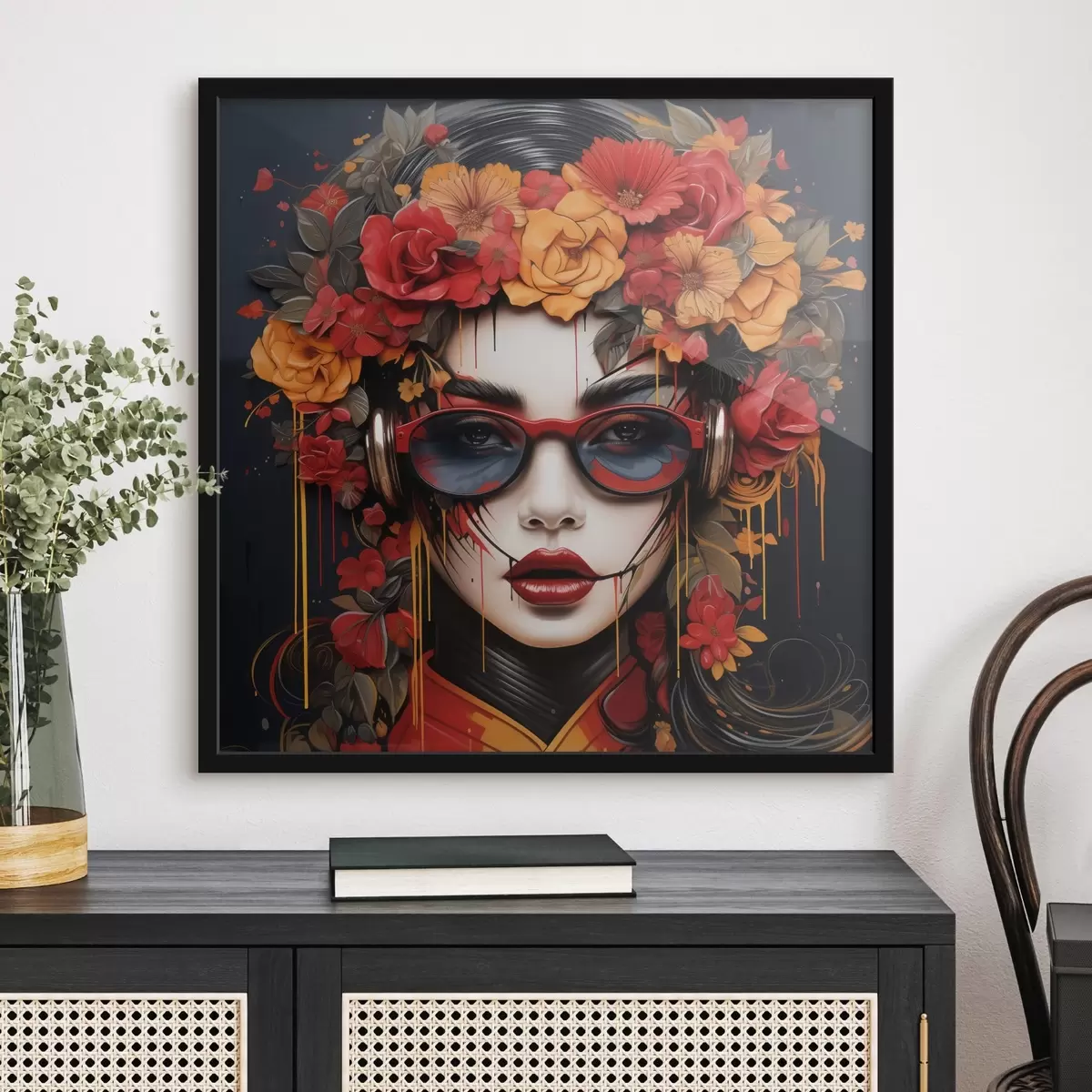 Poster Mujer con flores en la cabeza, estilo street art f43362