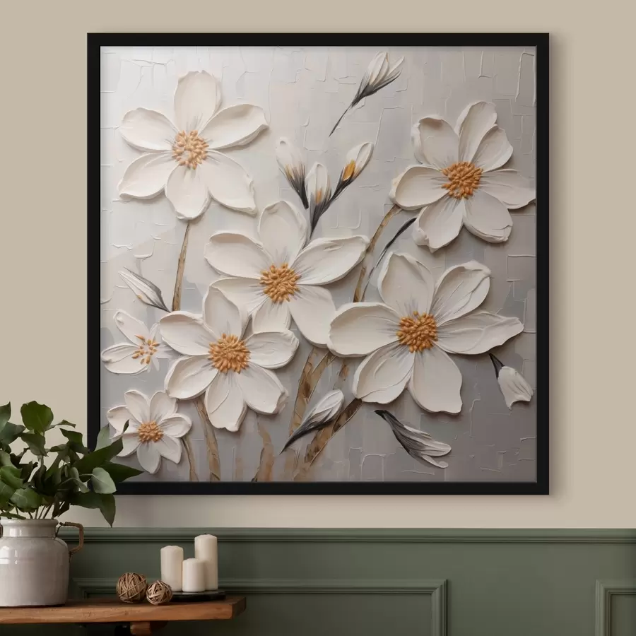 murales de pared Flores blancas voluminosas en estilo pictórico con grandes pinceladas f43366