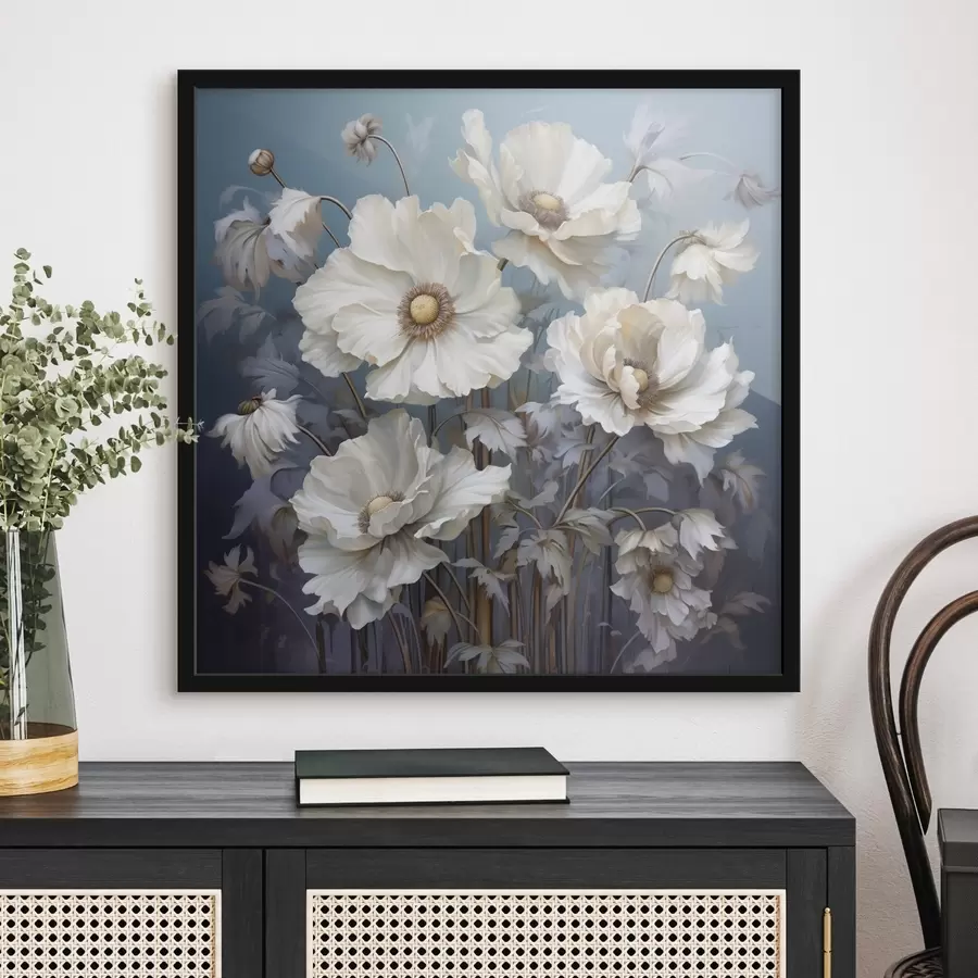 murales de pared Ramo de peonías blancas sobre fondo azul en estilo pictórico f43370