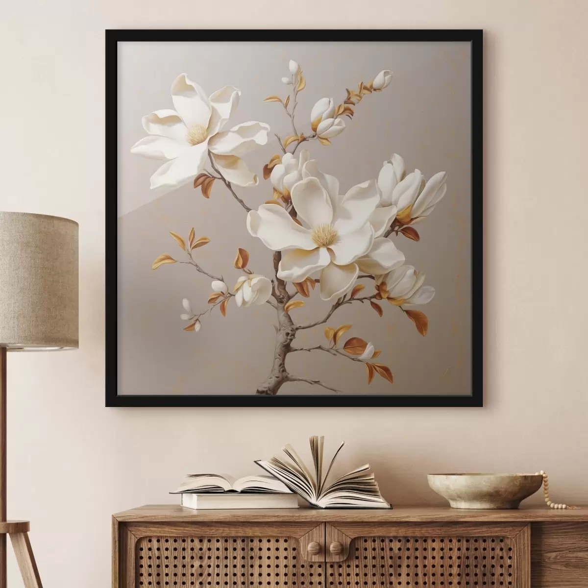 Poster Elegante rama de magnolia en tonos beige f43373