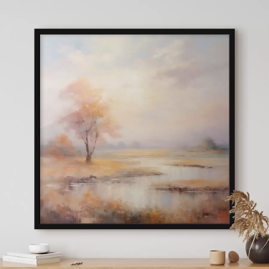 murales de pared Paisaje en tonos cálidos con un río y un árbol f43375