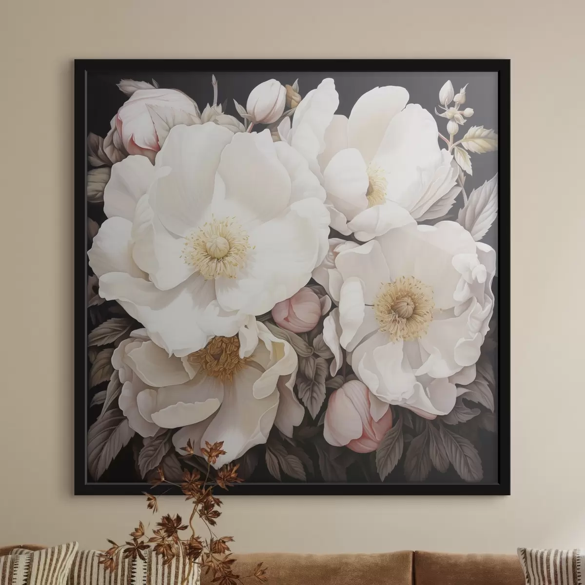 Poster Flores de peonía blanca sobre fondo oscuro en estilo de pintura acrílica f43379