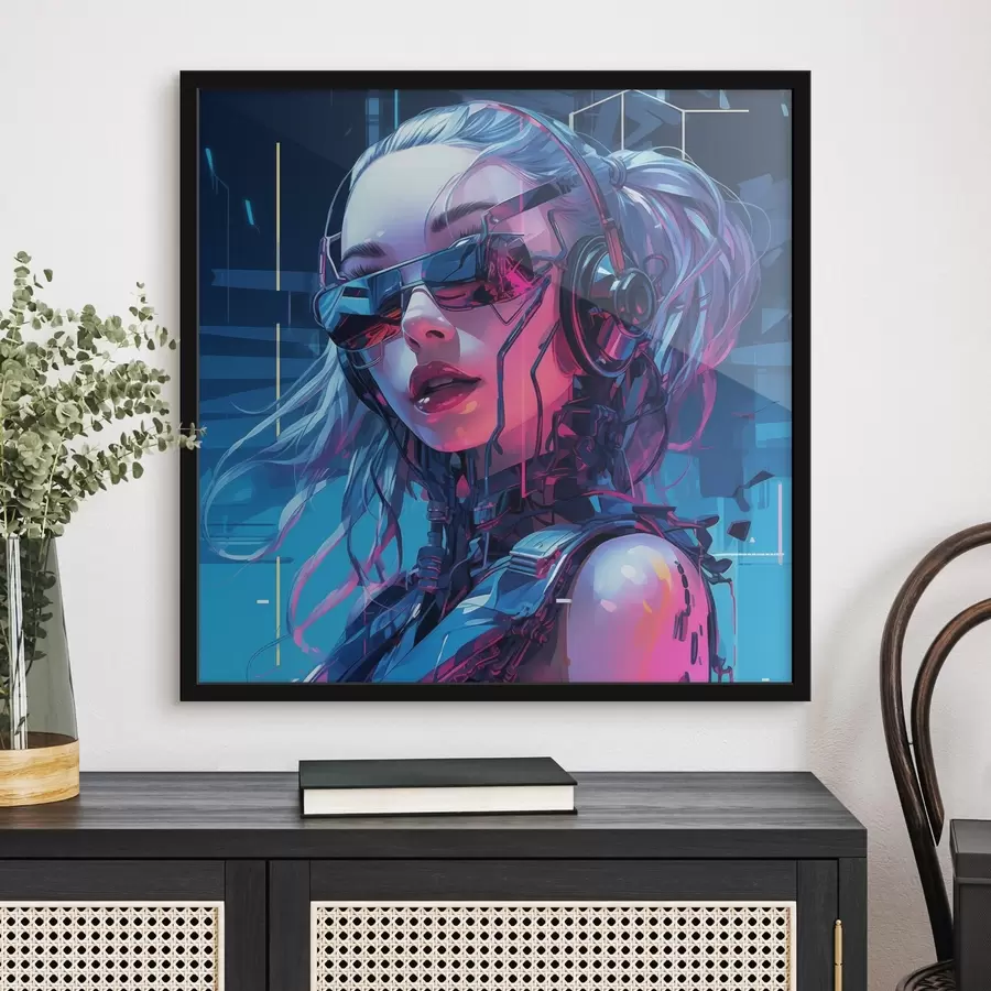 murales de pared Chica futurista con gafas con efecto de color neón f43381