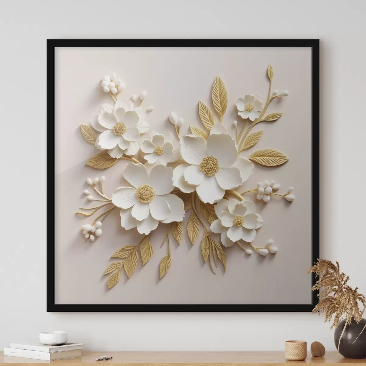 Poster flores blancas 3D con hojas sobre fondo crema f43383