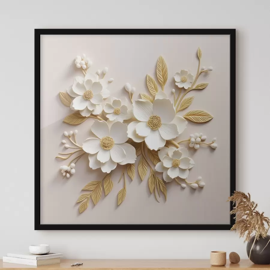 murales de pared flores blancas 3D con hojas sobre fondo crema f43383